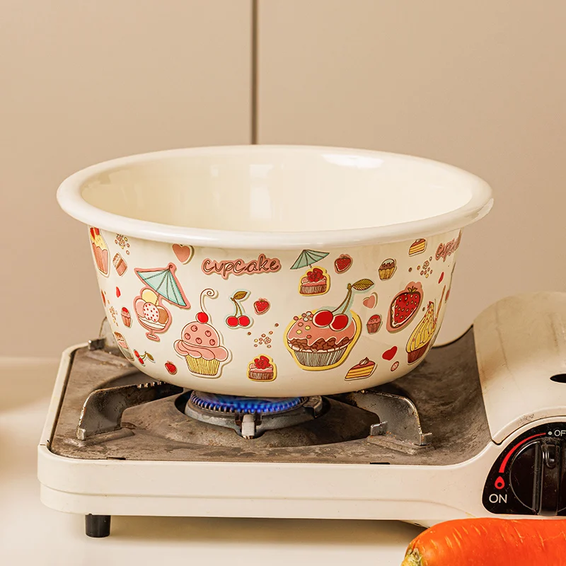 Enamel Basin Large Capacity Thickened Enamel Kitchen Vegetable Basin Cute Dessert Printing Household Soup Basin Container