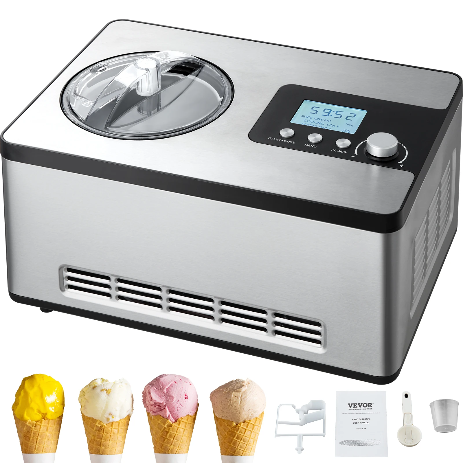 VEVOR Automatic Ice Cream Maker with Built-in Compressor 2 Quart No Pre-freezing Fruit Yogurt Machine Electric Sorbet Maker