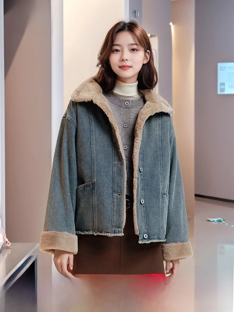 

Semir женская свободная джинсовая куртка с воротником из искусственного меха в стиле пэчворк, винтажная верхняя одежда из смеси хлопка, модное уличное пальто