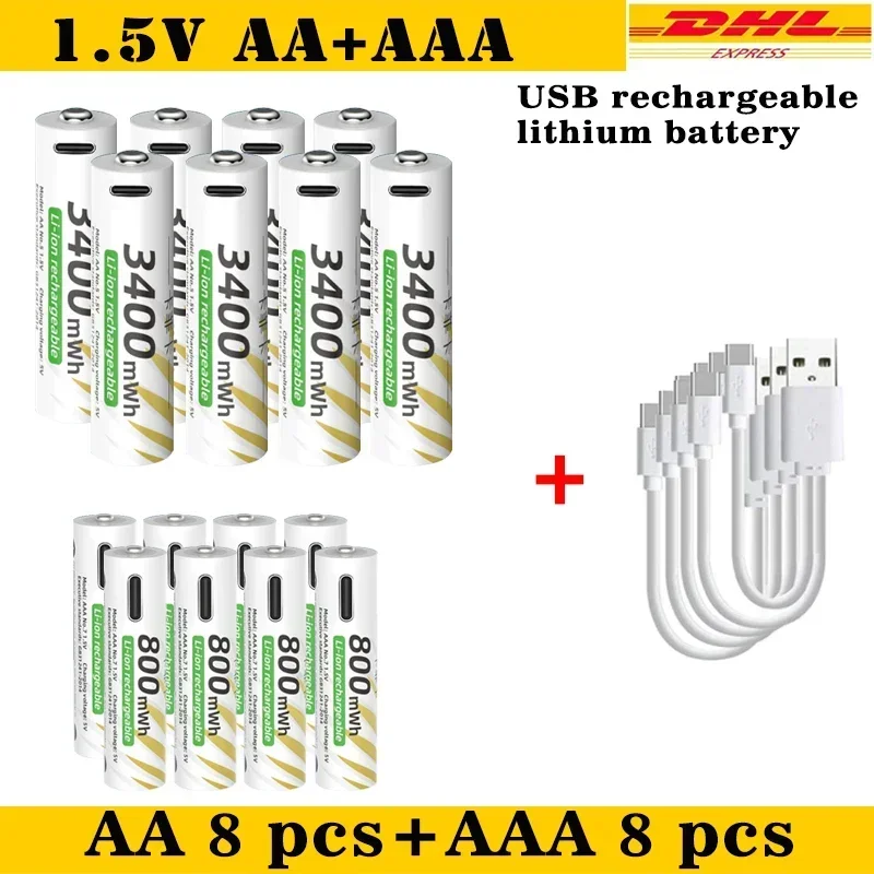 

New 1.5V AA 3400mWh+AAA 800mWh USB-C Rechargeable Lithium Batteries 1000 Cycles for Remote Control Toy Flashlight air transport