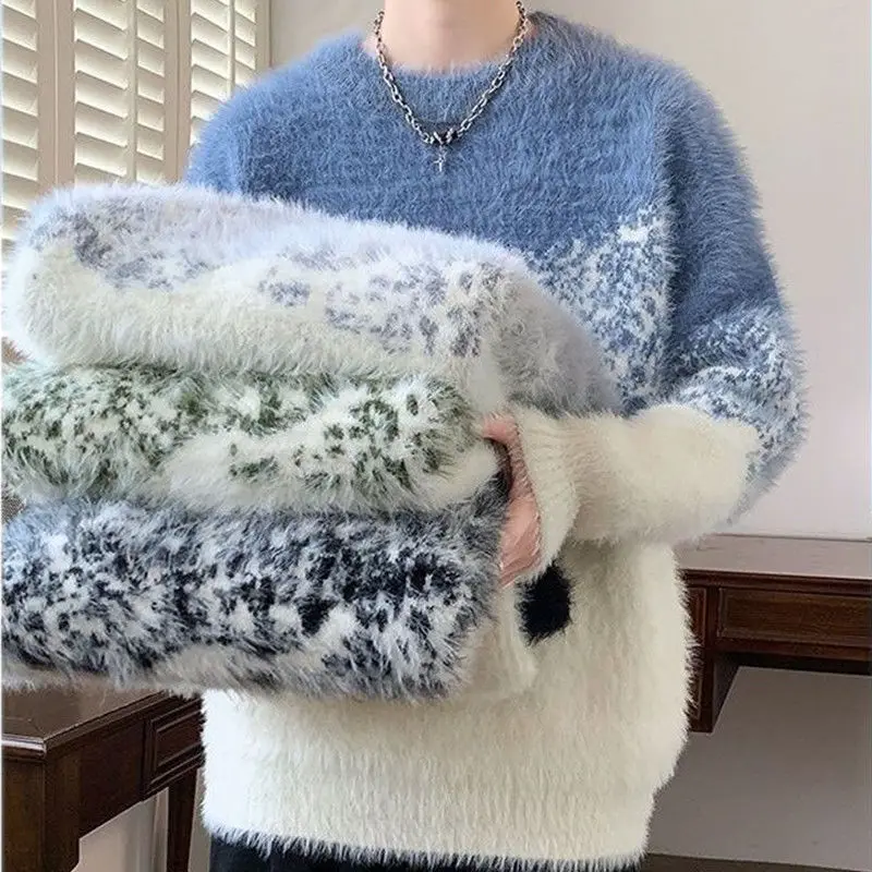 

Осень-зима, мужской свитер с круглым вырезом, трикотаж, теплый пуловер из искусственного норкового волоса, свободный повседневный плюшевый утепленный свитер с градиентом цвета