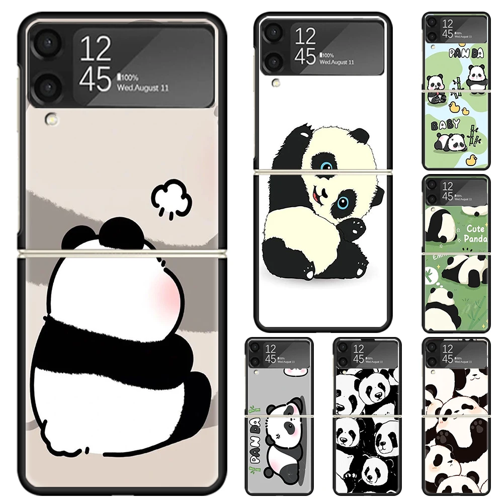 Cartoon Cute Panda Bear Hard PC Phone Case For Samsung Galaxy Z Flip 6 5 4 3 Black Cover ZFlip6 Flip5 Flip4 5G Foldable Print Ca