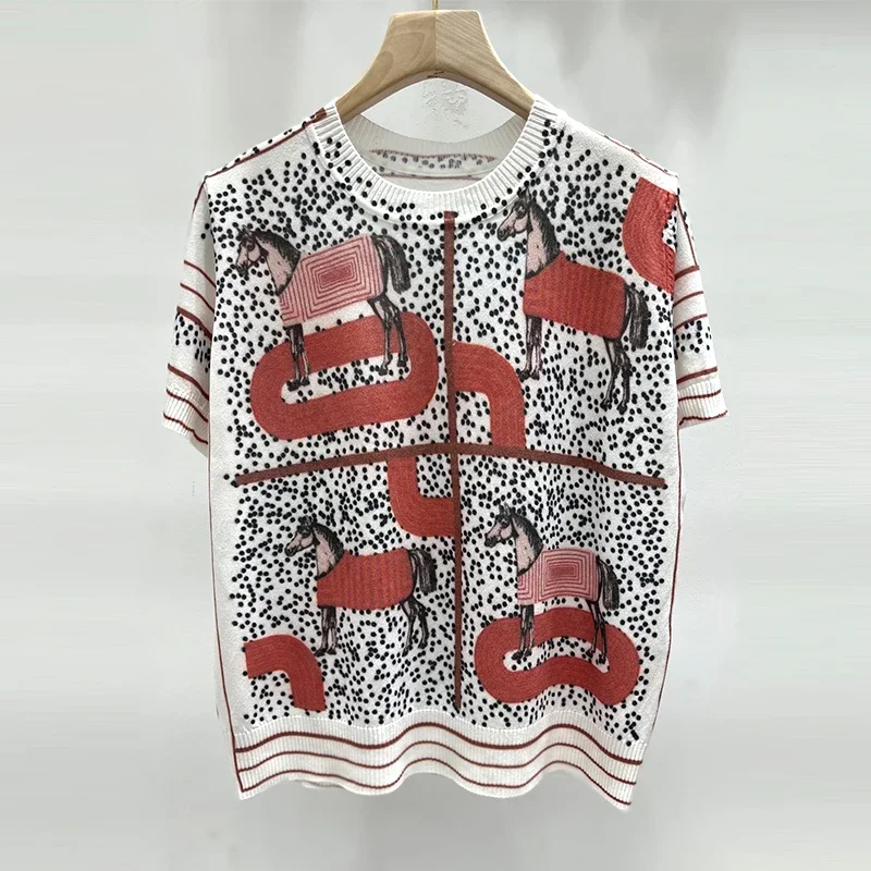

New Fashion Cartoon Printed Summer Top Women O-neck Short Sleeve Casual Loose Pullover Knitted Sweater Y2K Knitwear