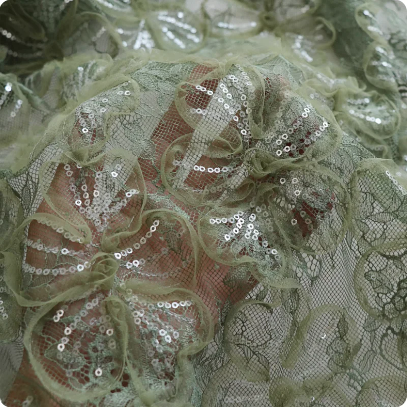 

Lace beaded and embroidered mesh lace fabric for dress, cheongsam custom soft handcrafted polyester fabric