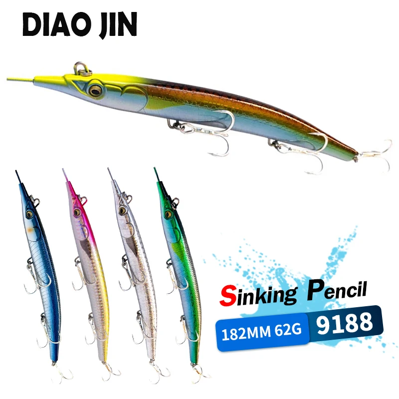 182mm 62g Sinking Pencil Lures Needlefish Lure Long Cast Artificial Sickbaits Deep Sinking Hard Bait Seabass Tuna Fishing Tackle