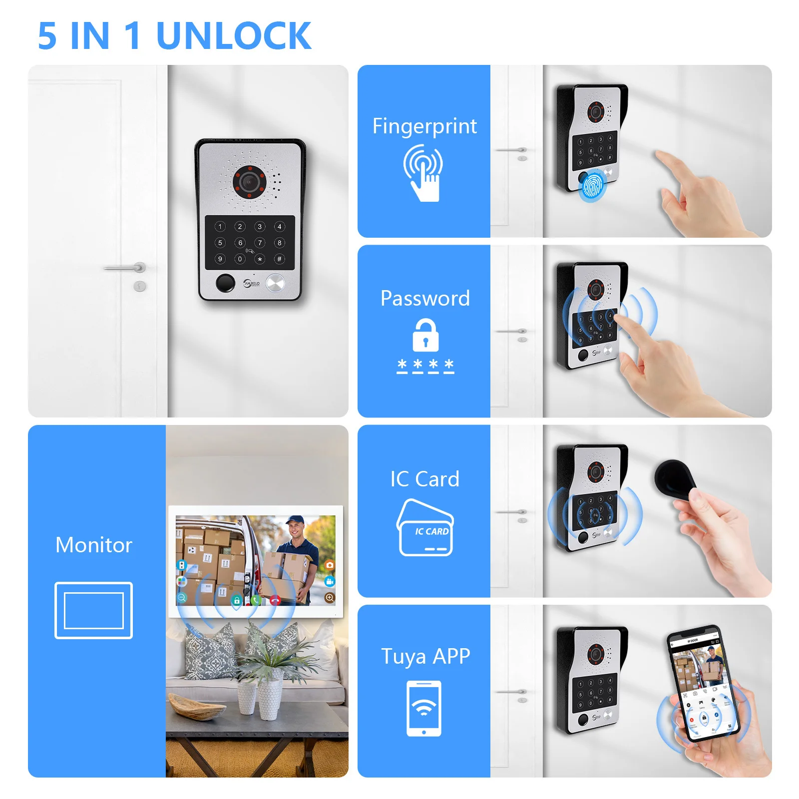 5in1 Unlock Security Protect Video Intercom Doorphone Touch Screen with Wired Doorbell 1080P Password Fingerprint Card Swipe