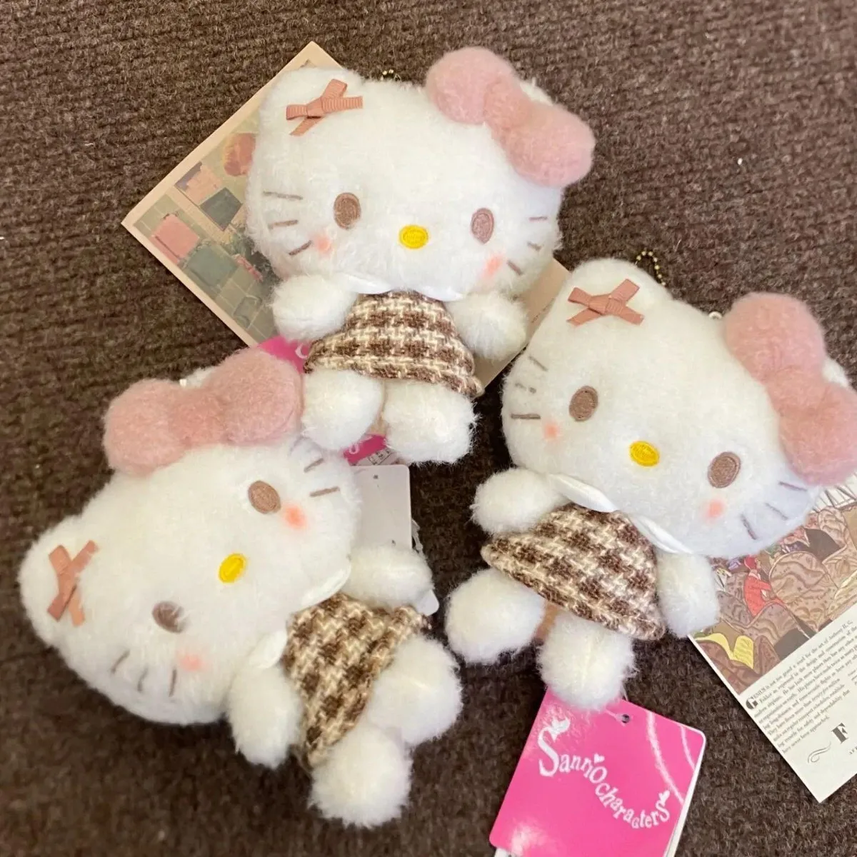 Hello Kitty Keychain Pendant Cartoon Plush Toys A Mocha Plaid Dress KT Cat Stuffed Plushies Key Ring Plush Gifts