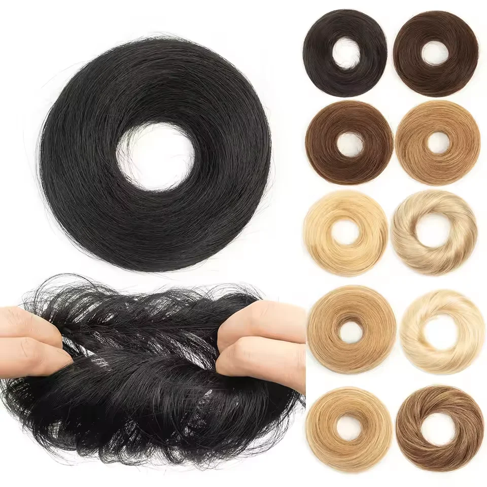 Pezzo di capelli lisci e disordinati con fascia elastica Capelli umani Coda di cavallo Chignon Donut Updo Estensione per donna
