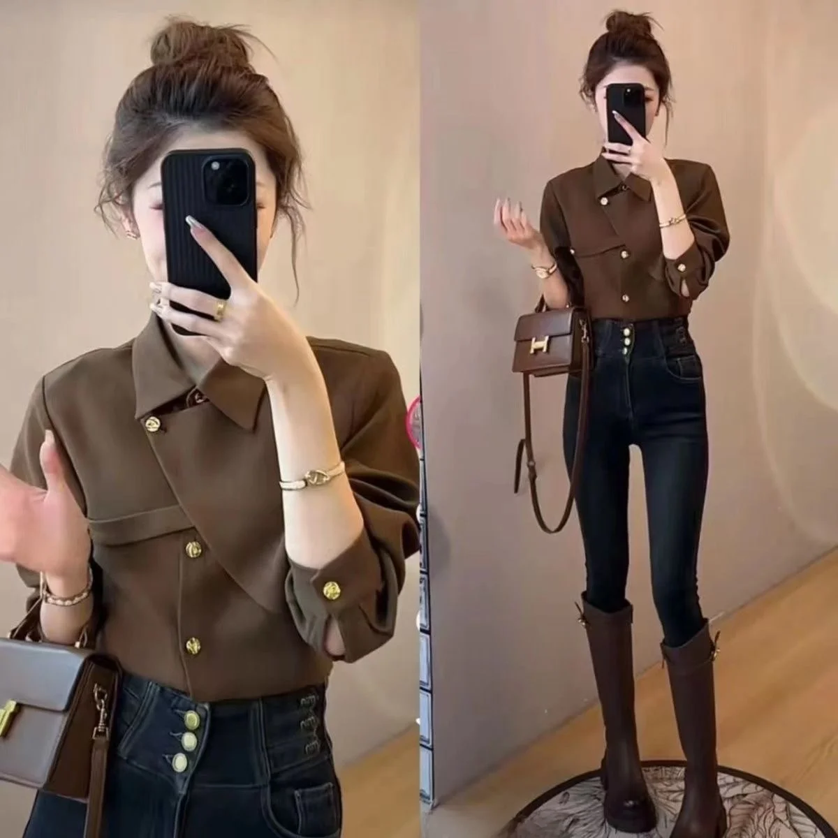 Stylish Long Sleeve  Collar Women's Shirt Inner Wear Autumn Fashion Trend Straight Cut Single Piece Regular Thickness