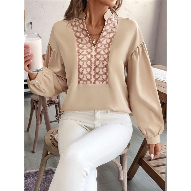 

AOAO-Women's V-Neck Pleated Long Sleeve Office Top Retro Elegant Open-Front Circular Pattern Stand Collar Shirt