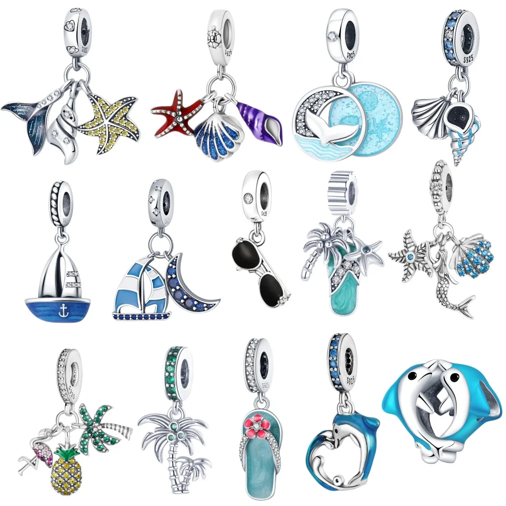 Original 925 Sterling Silber Ozean-Strand-Serie Seestern-Schiff-Anhänger DIY Charms Armband Zubehör Damen Mode Schmuck Geschenk