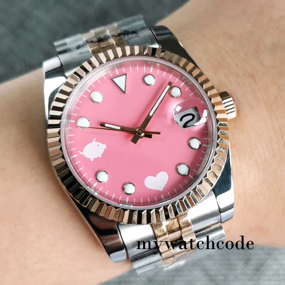 36mm/39mm Automatic Women Watch 24 Jewels NH35A Pink Lovely Dial Rose Gold Fluted Bezel Sapphire Glass Two Tone Jubilee Bracelet