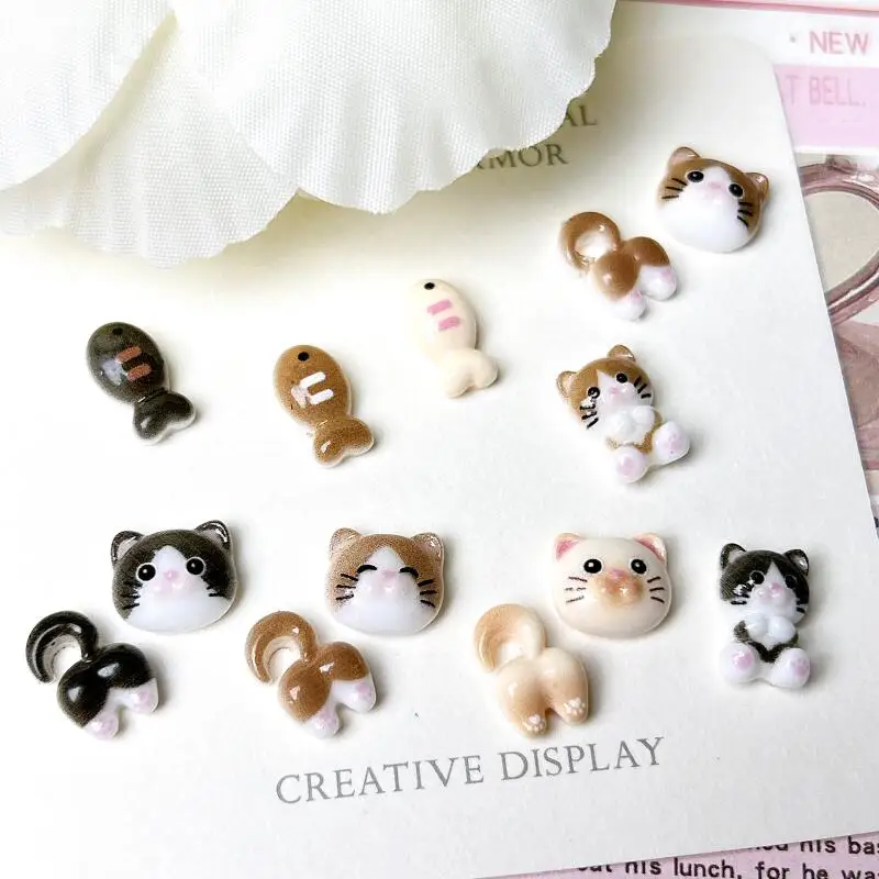20Pcs Cartoon Cute Cat Head Butt Nail Art Charms Luminous Painting Small Fish Cat Resin Nail Decorations for DIY Hairpin Nails — zdjęcie 6