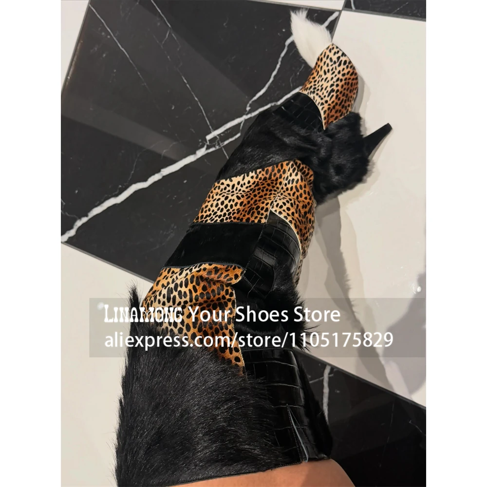 Leopard Print Faux Fur Patchwork Over the Knee Boots Mixed Material Thigh High Stiletto Boots Luxury Furry Warm Boots for Winter