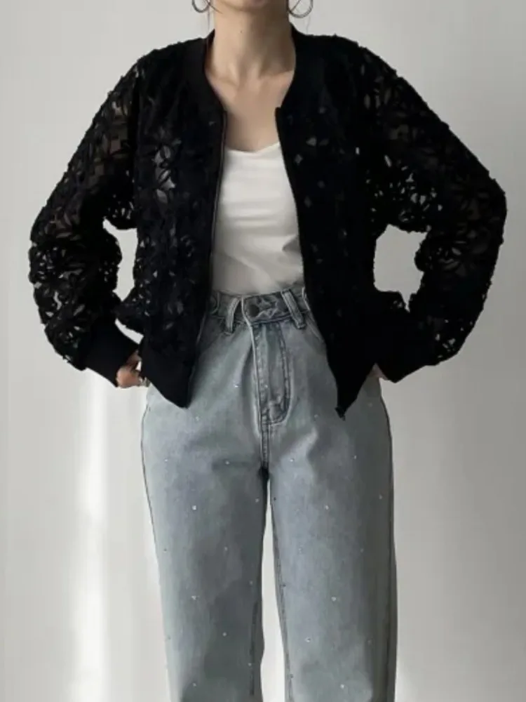 UOOZEE femmes évider fermeture éclair col rond vestes manches longues couleur unie élégant décontracté bureau mince manteaux 2025 nouveaux vêtements féminins