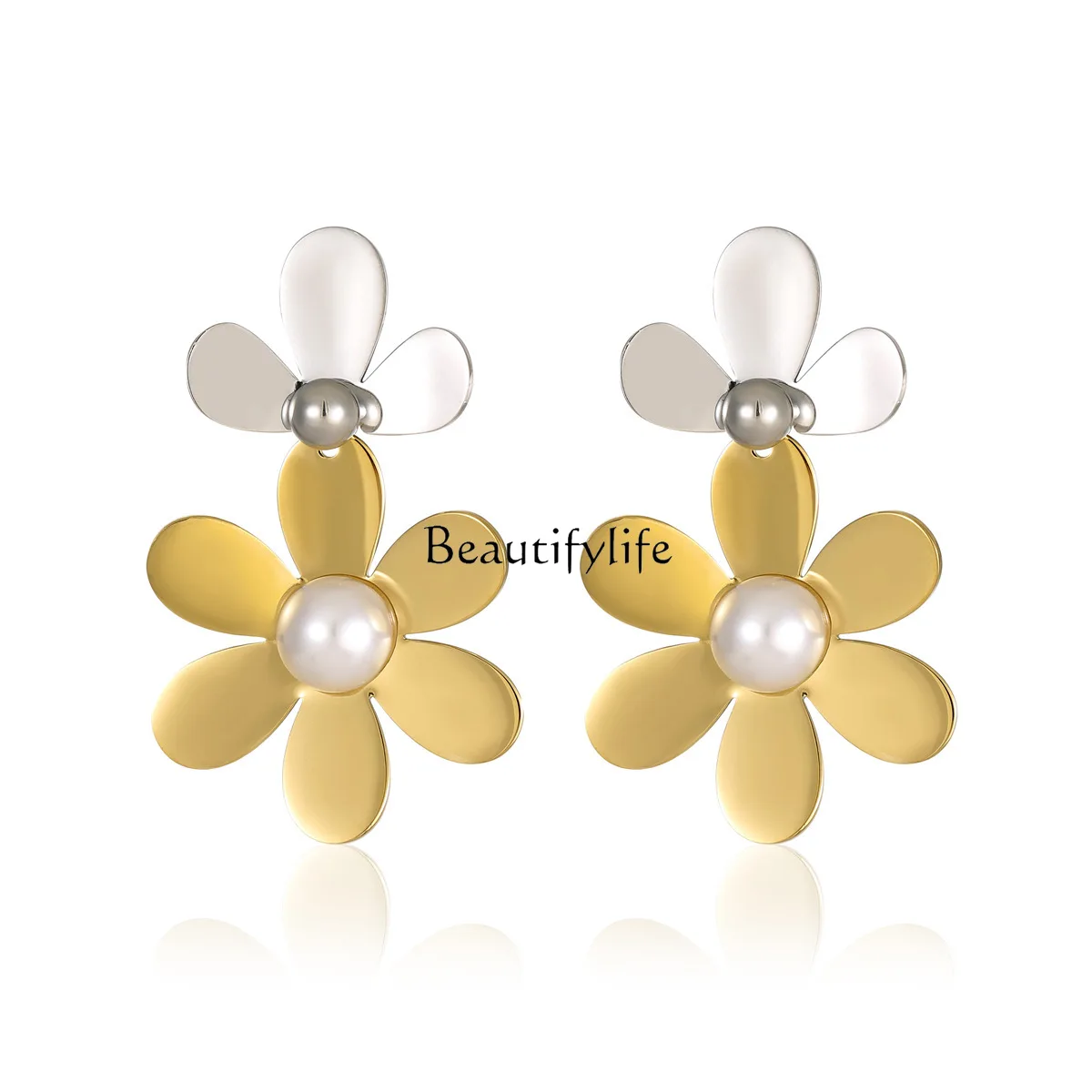 

Stainless steel earrings, gold and silver flower-shaped flakes, fashionable and high-end titanium steel earrings