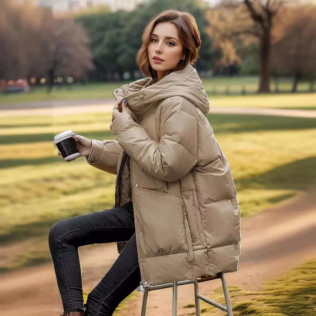 

Женская куртка на хлопковой подкладке, глянцевое зимнее пальто средней длины с капюшоном в корейском стиле, утепленное пуховое зимнее пальто для женщин