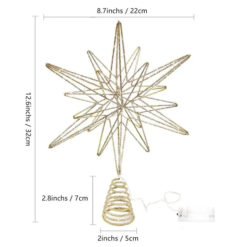 Árbol de Navidad Explo sion estrella decoración luz LED alimentado por batería Topper diseño hueco brillo árbol Topper Decoración