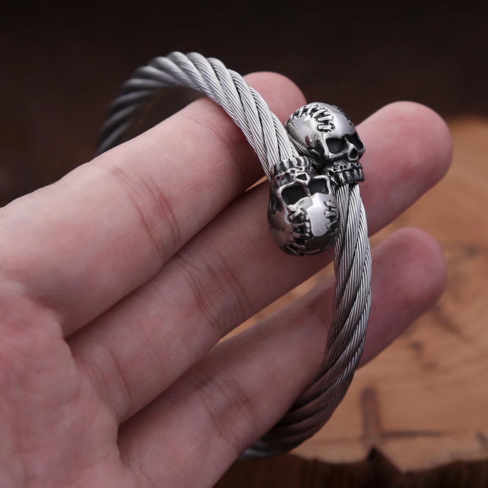 Punk Vintage 316L Stainless Steel Skull Head Bracelet For Men Fashion Biker Twist Rope Bracelets Party Amulet Jewelry Wholesale