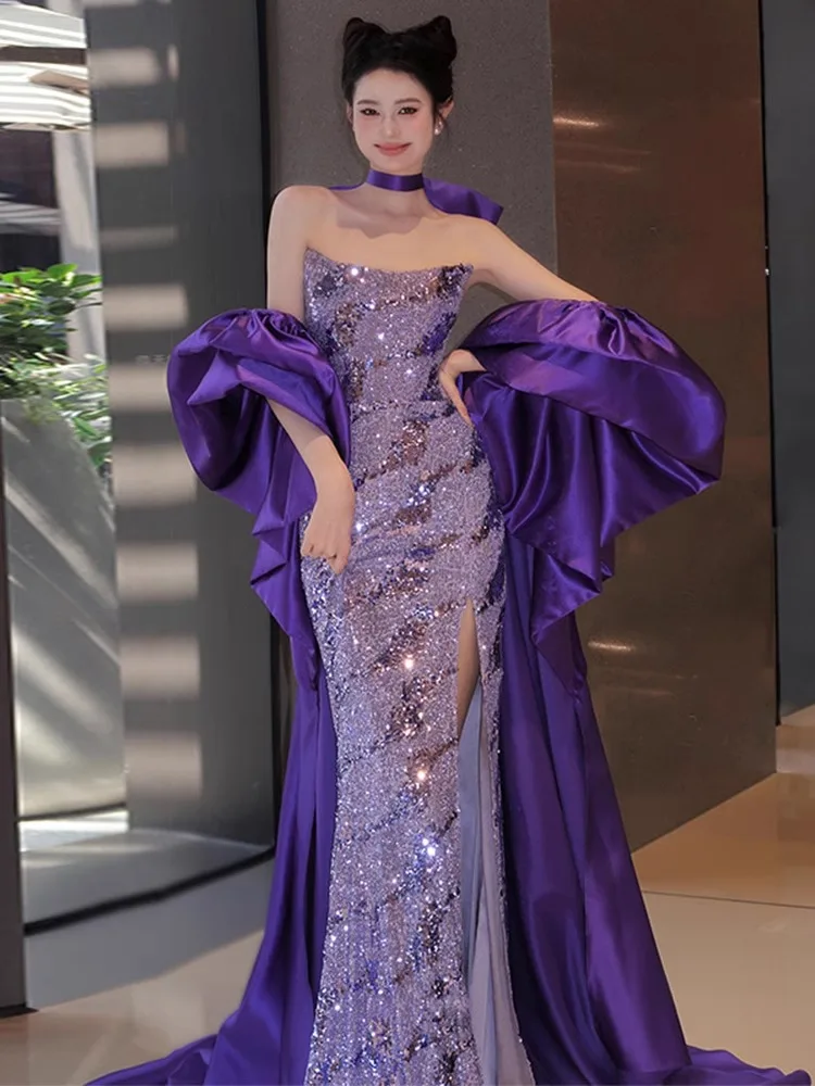 

Ele Purple Strapl Evening Gown with Sequins Fi Tail Skirt for Wedding Toasts And Luxury Feel Suitable for Various Oc...