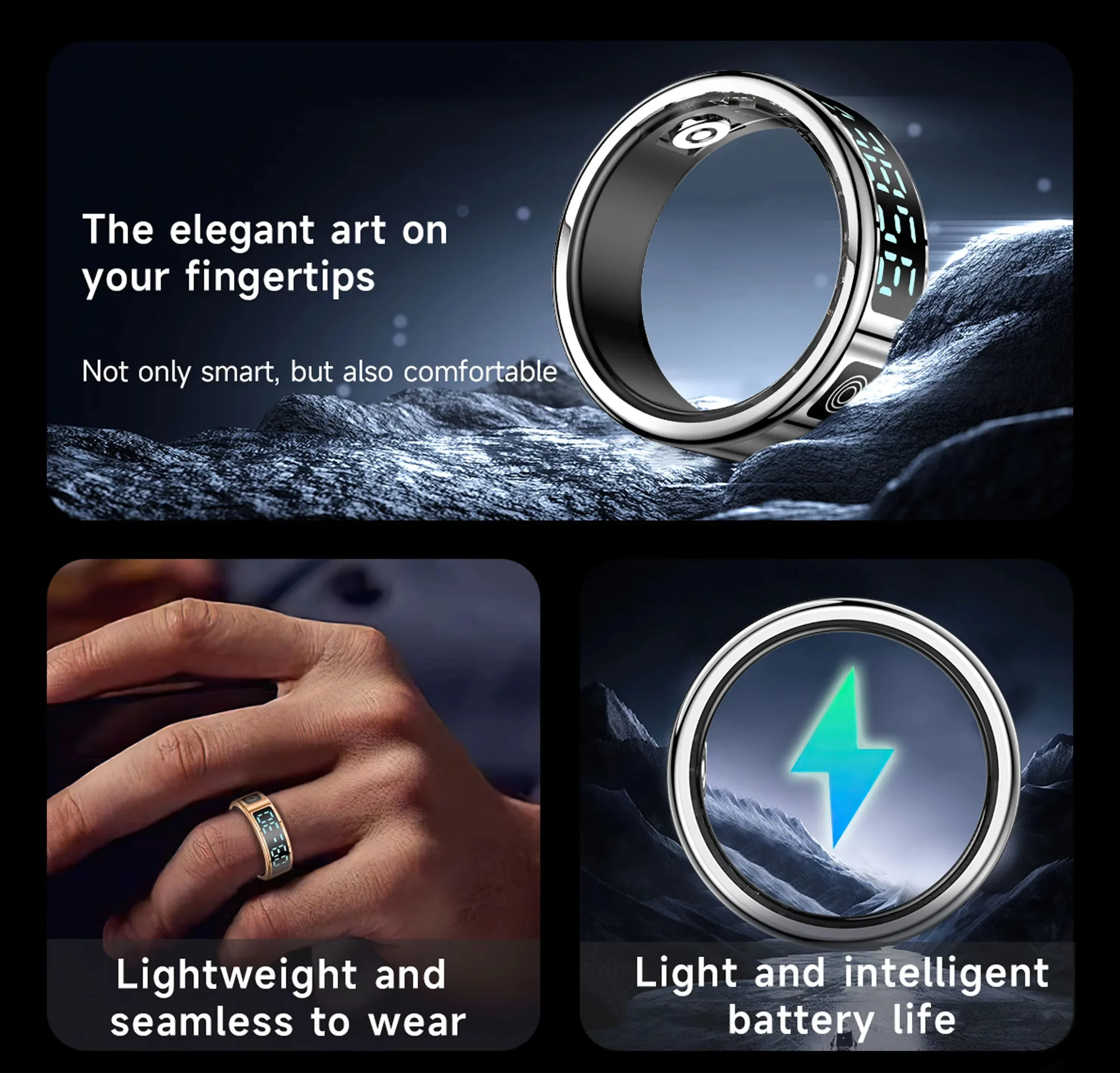 Anillo inteligente SR08 para hombres y mujeres, pantalla LED, control del ritmo cardíaco y del oxígeno en sangre, múltiples modos deportivos IP68, 5ATM, resistente al agua, 2025 nuevo