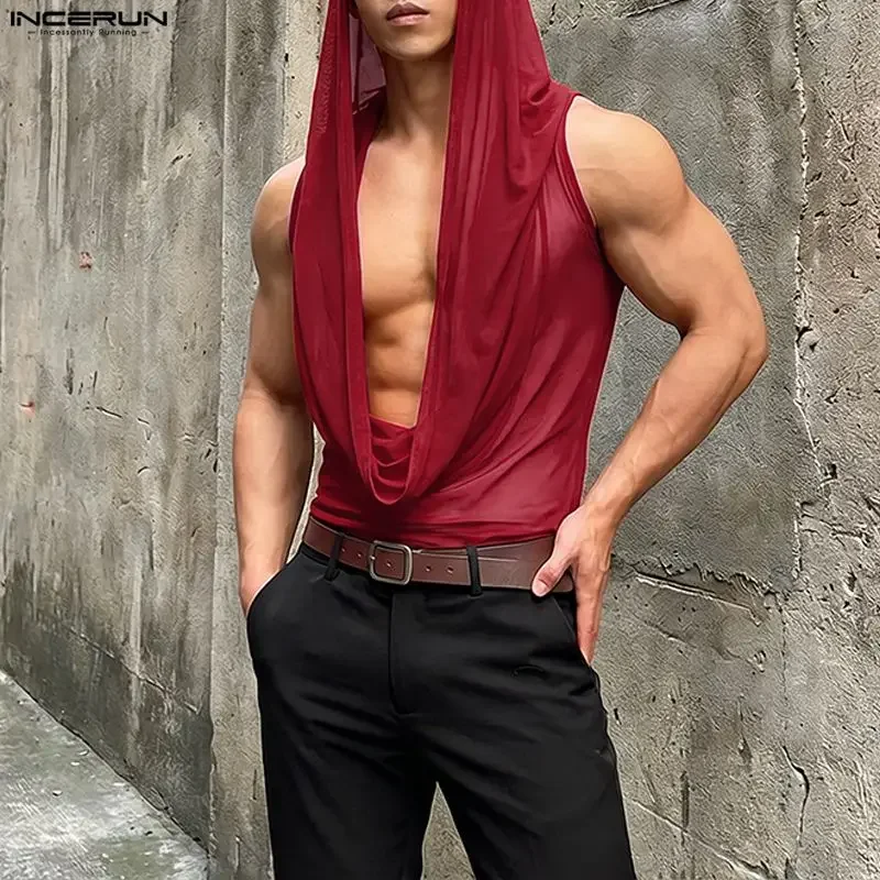 INCERUN Herren Tanktops Mesh Durchsichtige Einfarbige Westen für Männer Streetwear Sommer Ärmellose Sexy Tops Herrenbekleidung S-3XL