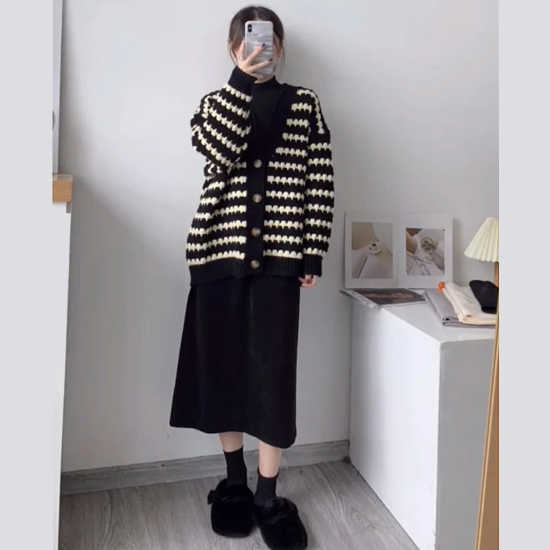 Knitted Maternity Dress+V-neck Striped Color Matching Single Breasted Sweater Cardigan Fashion Fall Winter Loose Two-piece Sets