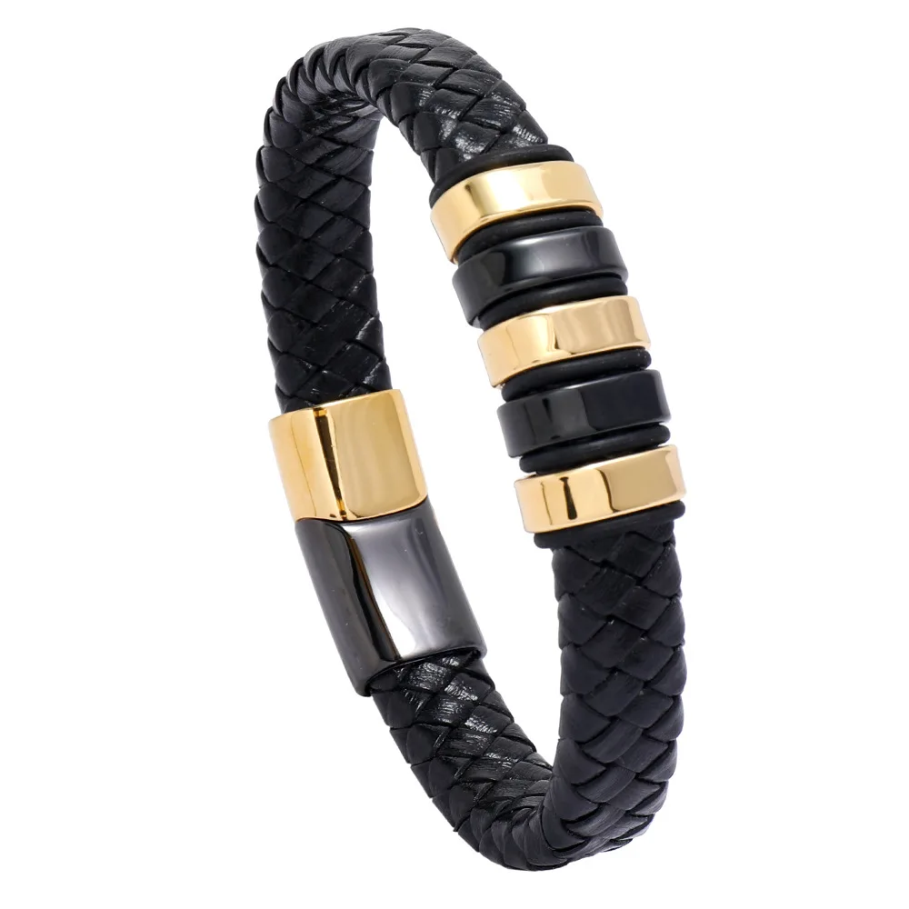 

Fashion Braided Wrap Rope Black Leather Bracelets For Men Simple Stainless Steel Charm Vintage Magnet Clasp Bangles Jewelry Gift