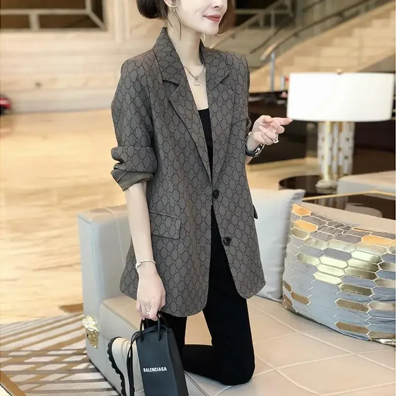 

Autumn Spring Suit Jacket Womens Blazer Coat New Fashion European Goods Niche Design Sense Print Long Sleeve Single Breasted Top
