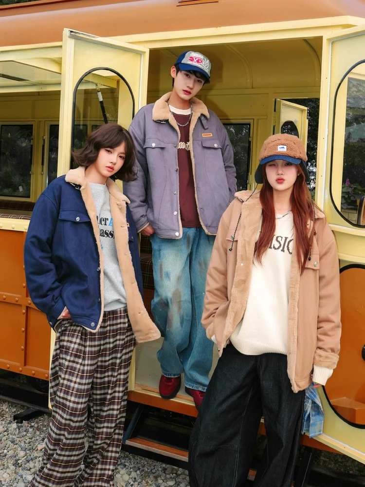 Autumn Winter American Retro Suede Warm Khaki Cotton Jacket Unisex Thickened Gray and Dark Blue Casual Cotton Coat