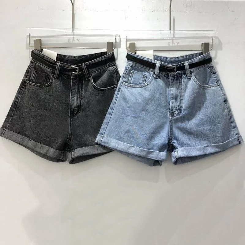 Summer  High Waist Wide Leg Short Jeans Women's Loose Slimming Cuffed A-Line Hot Pants Trendy Korean Style Denim Shorts