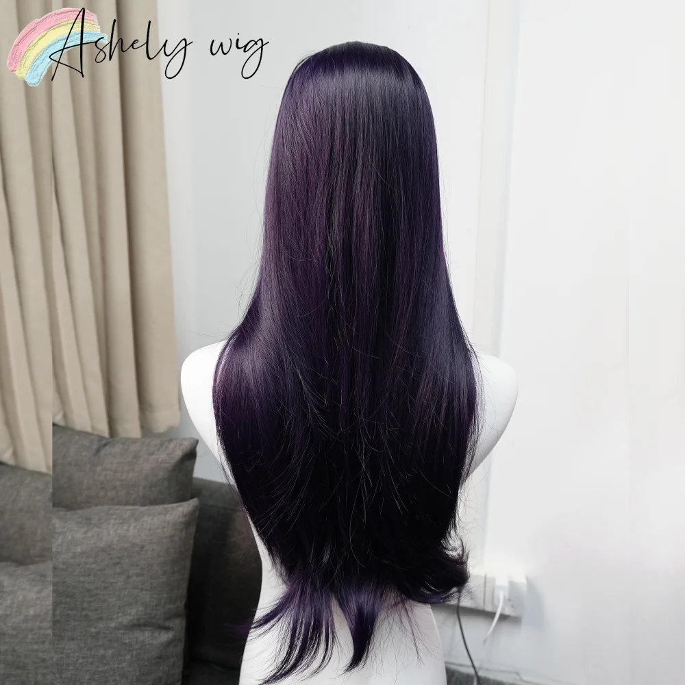 Ashely Wig with Curtain Bangs 26inch Dark Purple Wigs Lolita Long Layered Straight Lace Wig for Daily Use Deguisement Femmes image 6