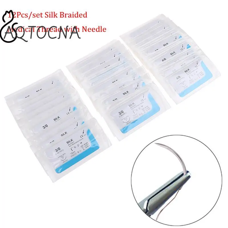 12PCS Dental Surgical 75cm 3/0 4/0 5/0 Medical Needle Suture Thread Suture Practice Kit Teaching Demonstrations Exercises