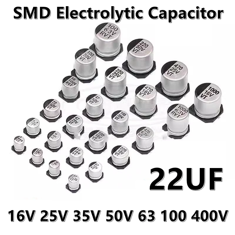 (20pcs) 22UF 16V 25V 35V 50V 63 100 400V 4*5.4MM 5*5.4MM 6.3*5.4MM 6.3*7.7MM SMD Electrolytic Capacitor