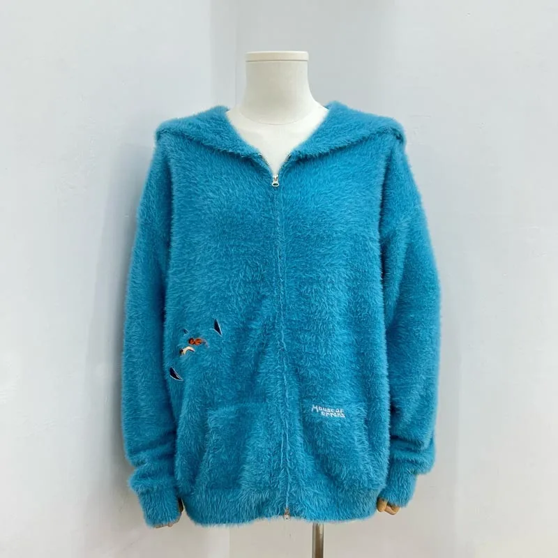 Vintage Street Furry Zip Hoodie Men Soft Plush Fabric Cartoon Embroidery Oversized Coat House of Errors Cardigan Sweater
