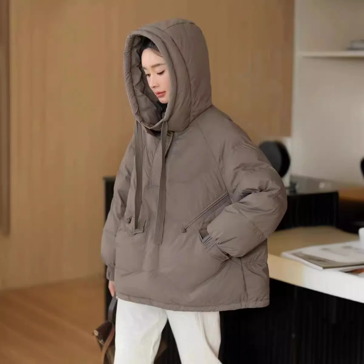 Hooded Jacket for Women, Loose Pullover, Thickening, Monochromatic, White Duck Down, Lightweight, Warm, Fashion, New, Winter