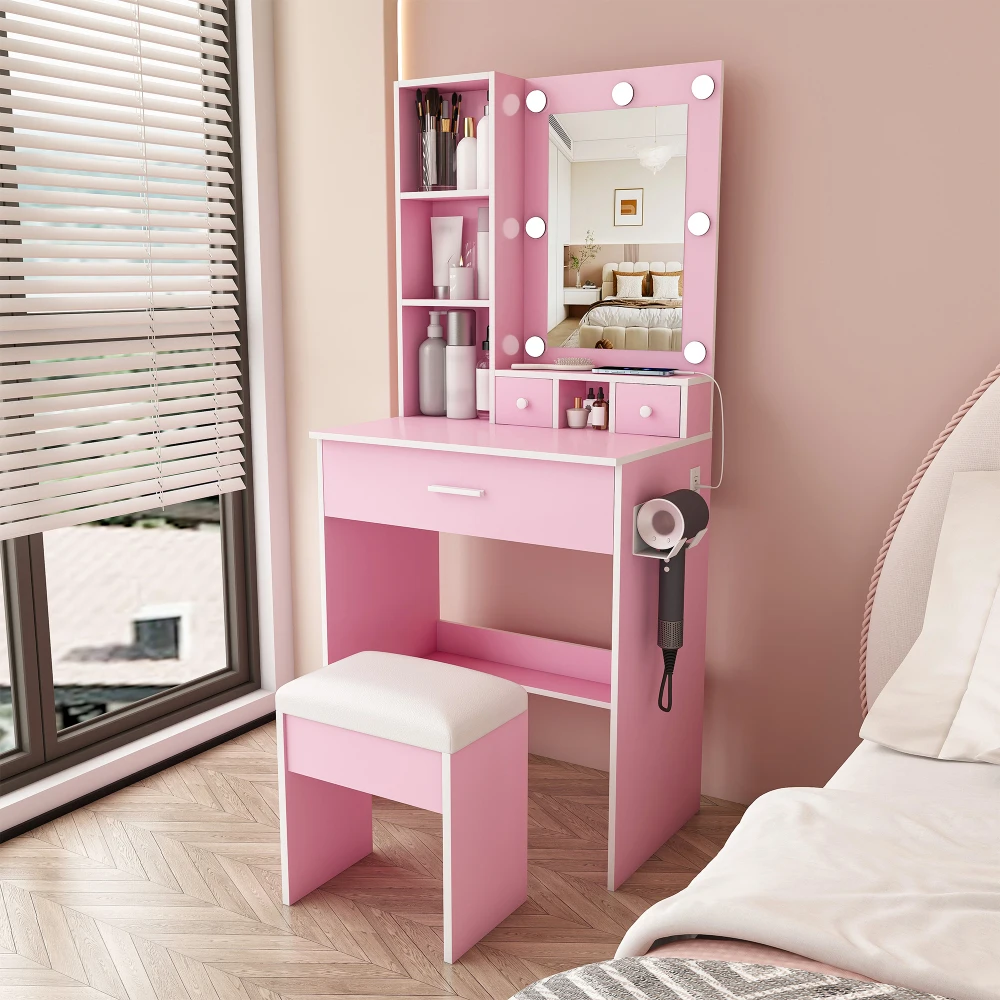 Vanity Table with Mirror & Adjustable LED Lights, Power Outlet, Hairdryer Holder & Stool – Compact Dressing Desk for Small Bedrooms (Pink)