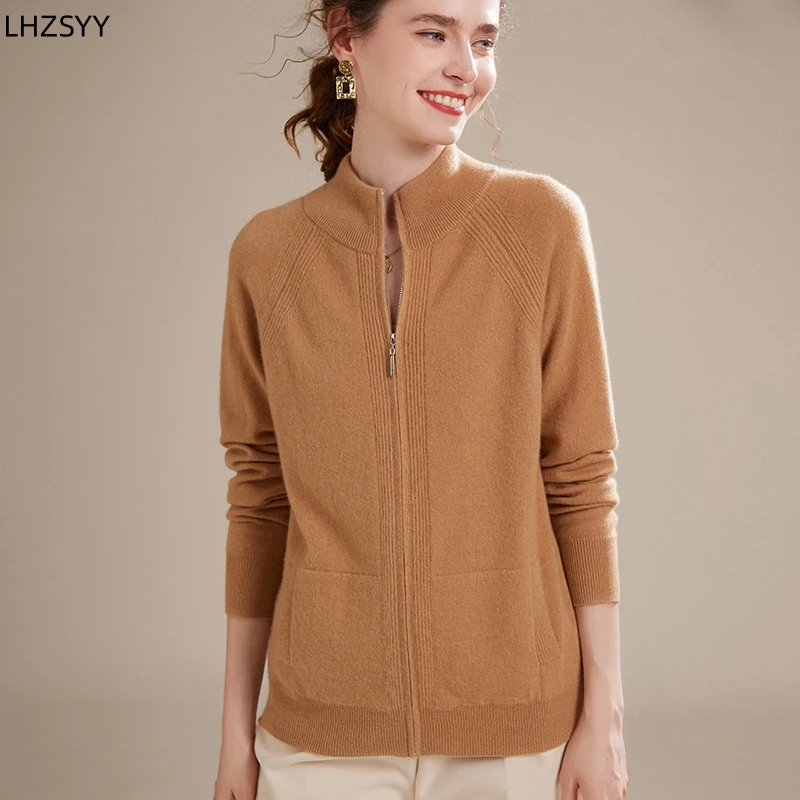 LHZSYY Ladies 100%Pure Goat Cashmere Zipper Cardigan Autumn Winter New High-End Jacket Sweater Casual Joker Thick Cashmere Coats