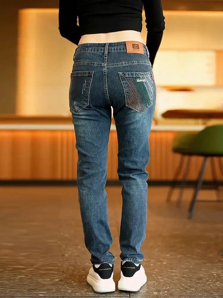 Men Clothing Jeans 2026 New Men's Pants Summer Elastic Slim Fit Small Straight Men's Pants Embroidered Trousers Man Clothes