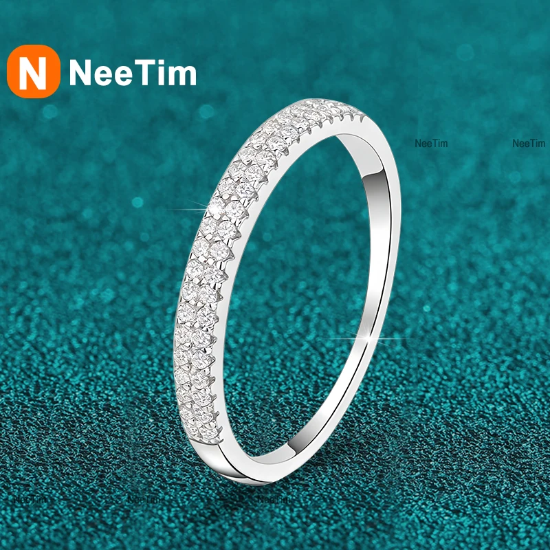 

NeeTim Full Moissanite Ring 925 Sterling Sliver with White Gold Plated Eternity Band for Woman Party Sparkling Rings Jewely