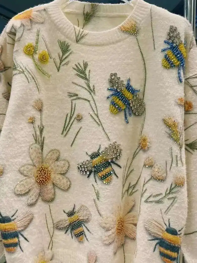 الاتجاه الجديد الصناعة الثقيلة ضياء Y2K سترة للنساء الخريف الشتاء فضفاضة عادية الجولة الرقبة بلوفر مغزول لاعبا #6