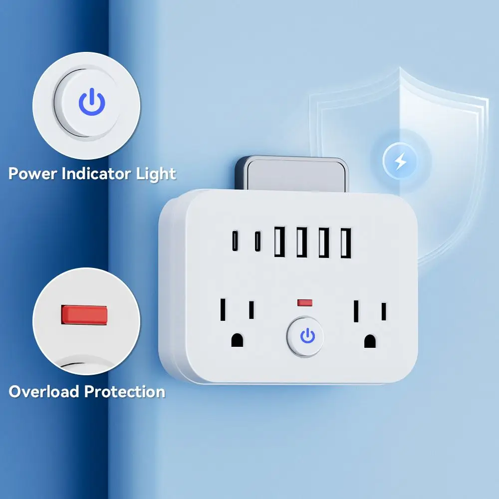 Portable 8-In-1 Surge Protector 2 Outlets 2 USB-C Ports Power Strip Overload Protection 4 USB Ports USB Charging Station Home