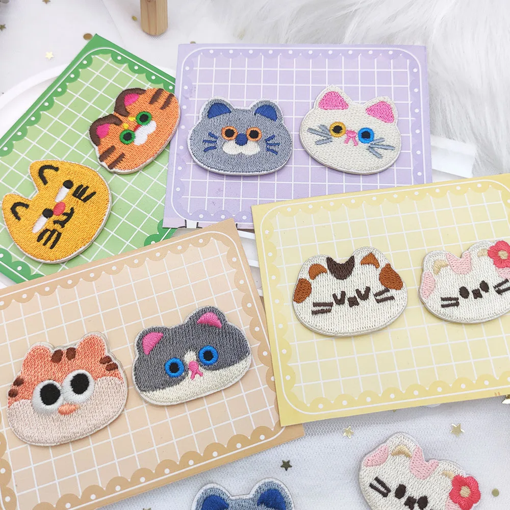 2pcs Cute Cat Head Self-adhesive Embroidered Patch Scratch Patch DIY Applique Decorative Phone Case Bag Stationery Make Brooch