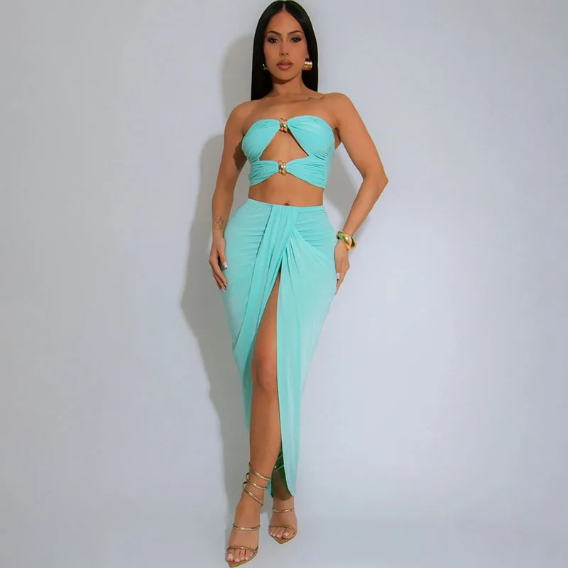

Metal Buckle Ruched Hollow Out 2 Piece Set Women Sexy Strapless Backless Crop Tops + Pleated Irregular Bodycon Maxi Skirts Suits