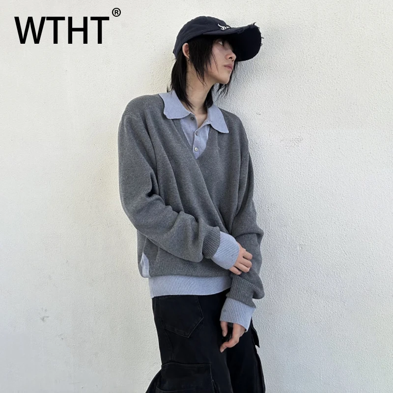 

WTHT Fashion 2025 Autumn Men's Spliced Fake Two-pieve Loose Sweater Trendy Long Sleeves Turn Ddown Collar Tops Male 2A1685