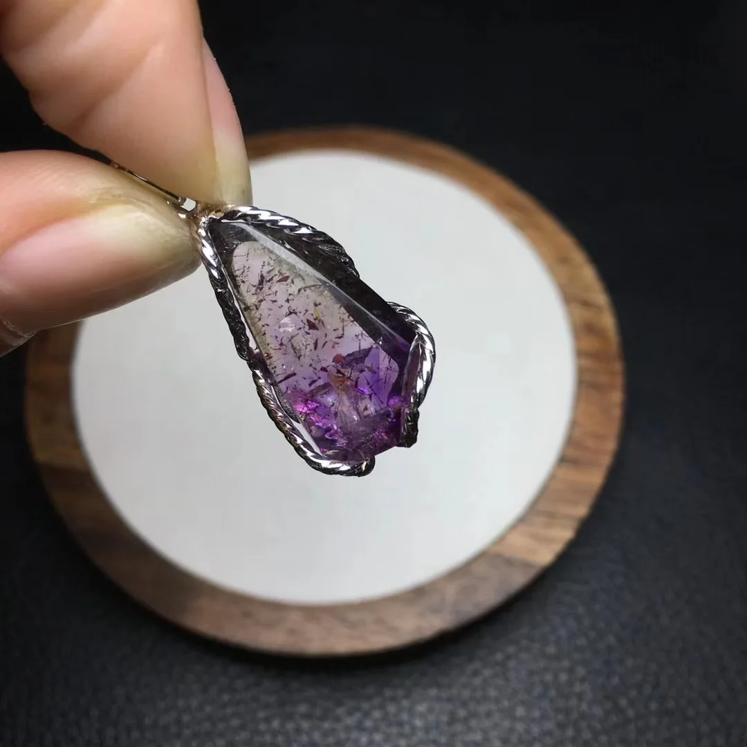 1 Pc Fengbaowu Natural Purple Quartz Rutilated Super 7 Pendant 925 Sterling Silver Irregular Crystal Healing Stone Jewelry Gift