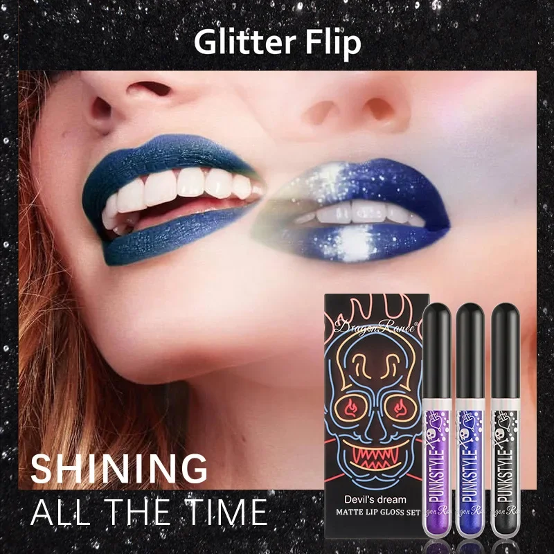 3 stks/set Diamond Glitter Vloeibare Lipstick Set Waterdichte Langdurige Sexy Rode Zwarte Lippen Halloween Shimmer Lip Make-Up Cosmetica