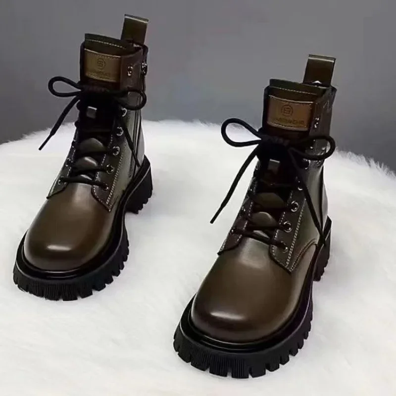Botines de mujer, botas de cuero suave informales de alta calidad, botas cálidas de felpa para invierno, botas de moto a la moda, botas de plataforma con cordones