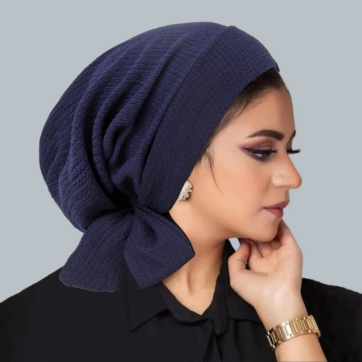 

Solid Color Pre Tied Turban Hat, Wavy Textured Women's Headwear For Hair Loss Gifts For Eid