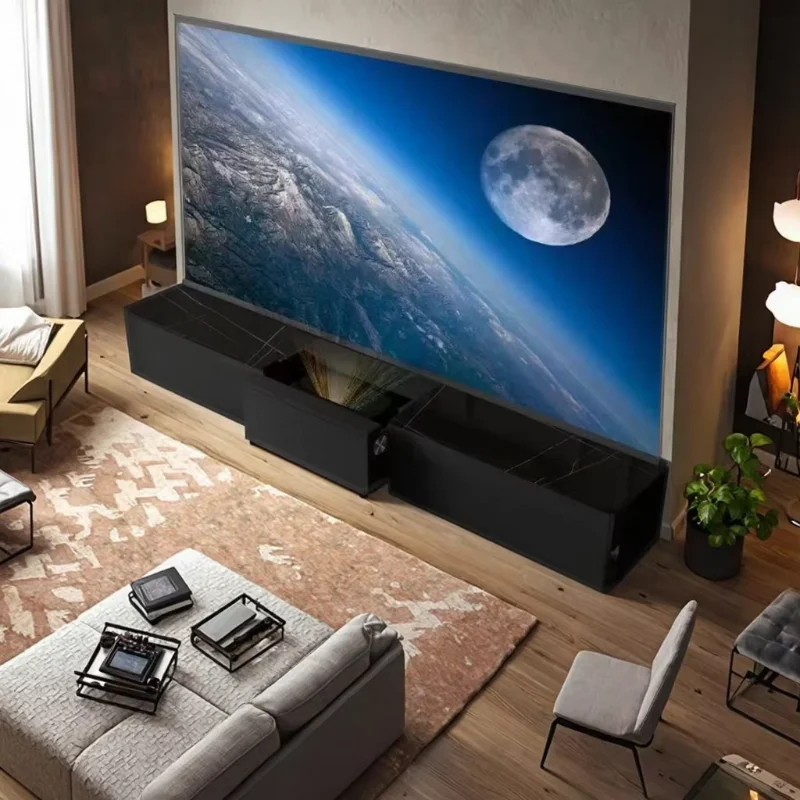 OEM Smart Laser TV Cabinet with 100 120 Inch ALR Motorized Floor Rising UST Projector Electric Remote Control Screen 16:9 Format